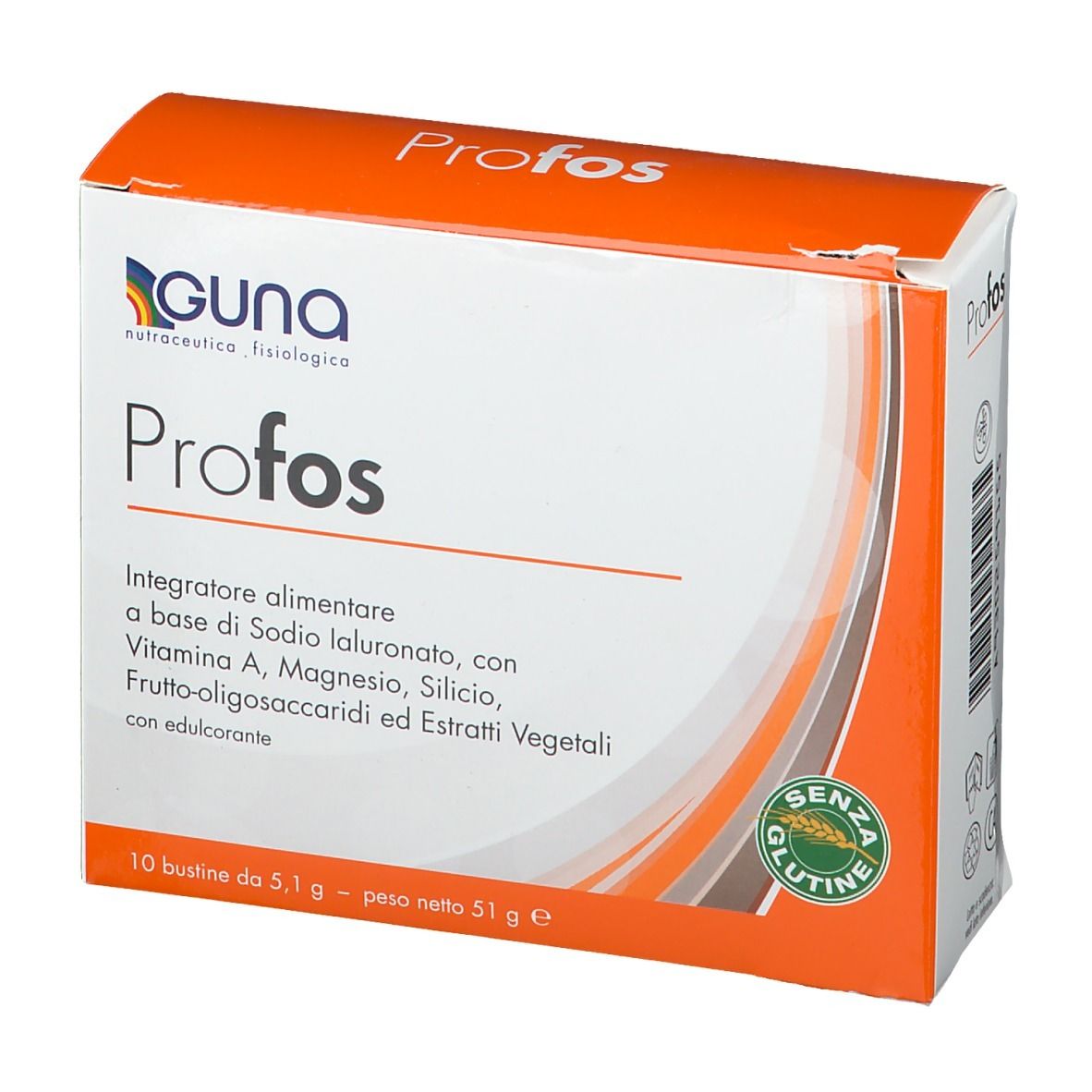 Vista frontale della confezione Profos. Logo Guna, nome del prodotto, ingredienti e sigillo senza glutine.