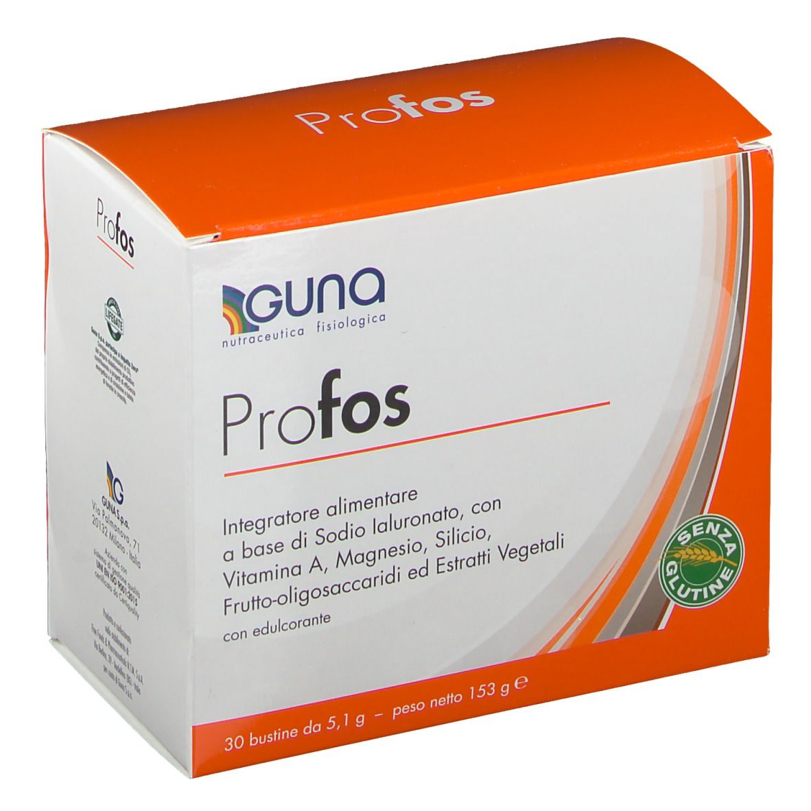 Scatola con informazioni sul prodotto. Scritto "Profos" e "Guna". Contiene 30 bustine. Sigillo senza glutine.