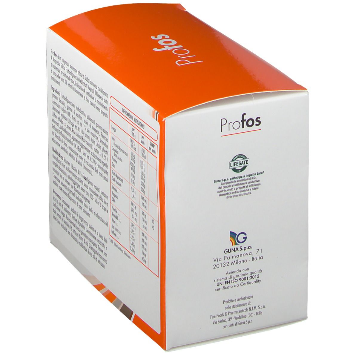 Scatola con informazioni sul prodotto. Scritto "Profos". Retro con ingredienti e tabella nutrizionale.