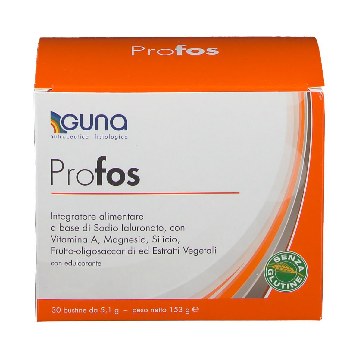 Scatola con informazioni sul prodotto. Scritto "Profos" e "Guna". Contiene 30 bustine. Sigillo senza glutine.