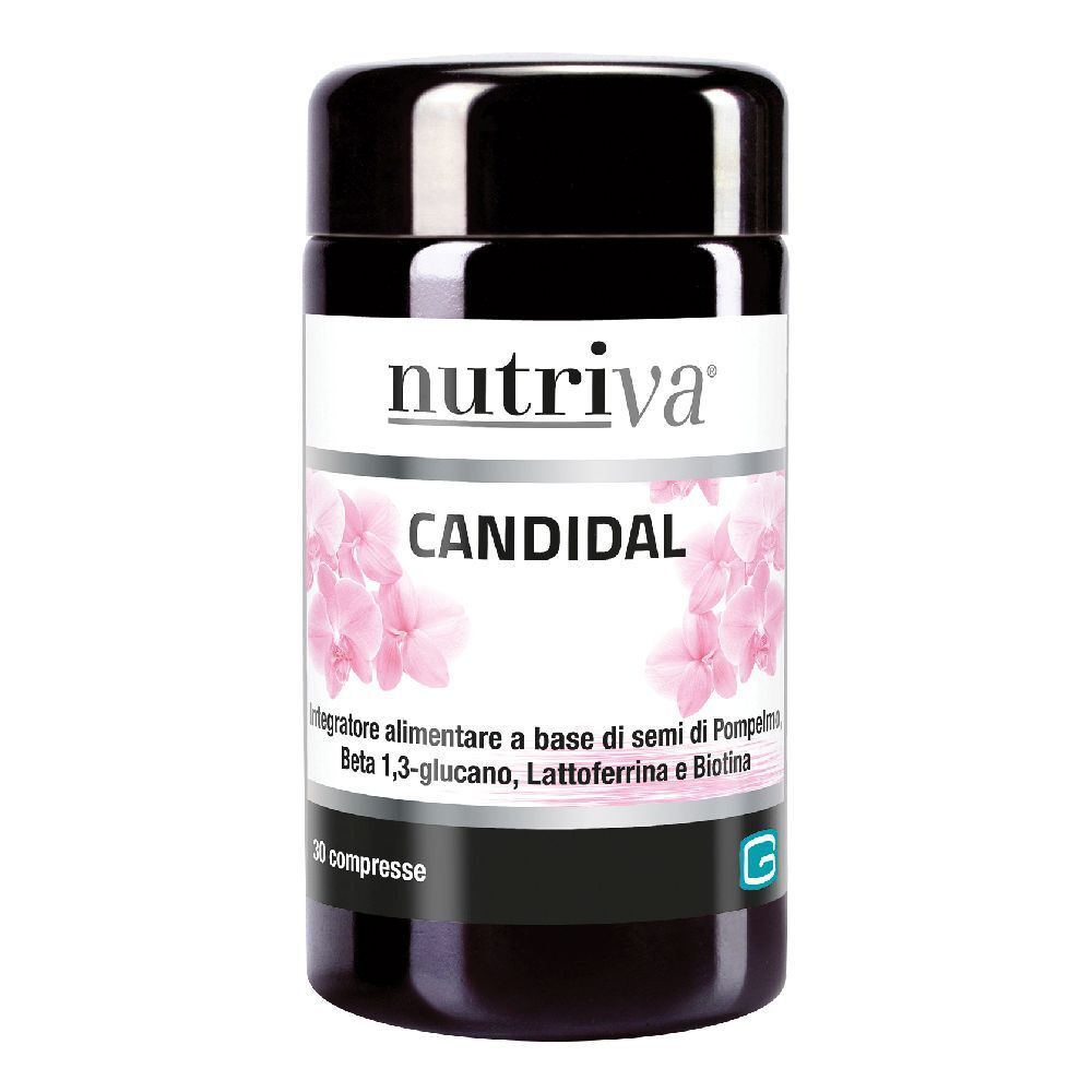 Barattolo nero con etichetta bianca. Scritta: Nutriva Candidal. 30 compresse. Motivo floreale rosa.