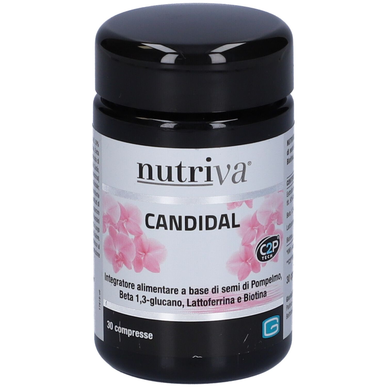 Barattolo nero con etichetta bianca. Scritta: Nutriva Candidal. 30 compresse. Logo C2P Tech.