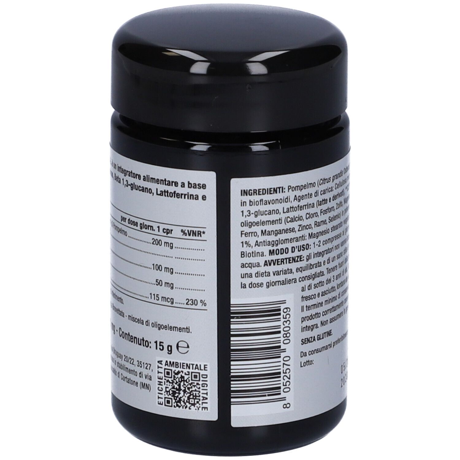 Barattolo nero con etichetta bianca. Informazioni nutrizionali. Contenuto: 15 g. Codice QR. Senza glutine.