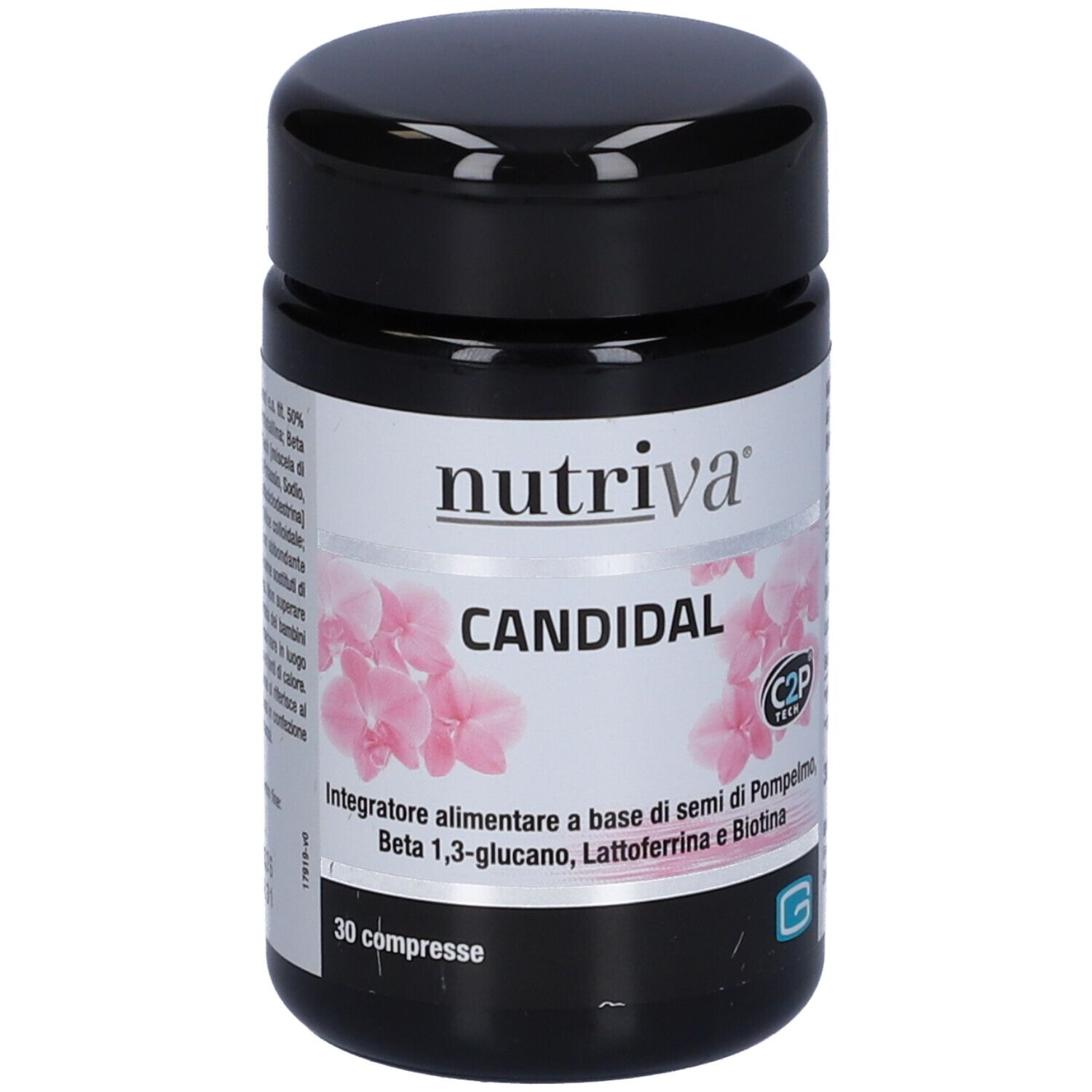 Barattolo nero con etichetta bianca. Scritta: Nutriva Candidal. 30 compresse. Logo C2P Tech.