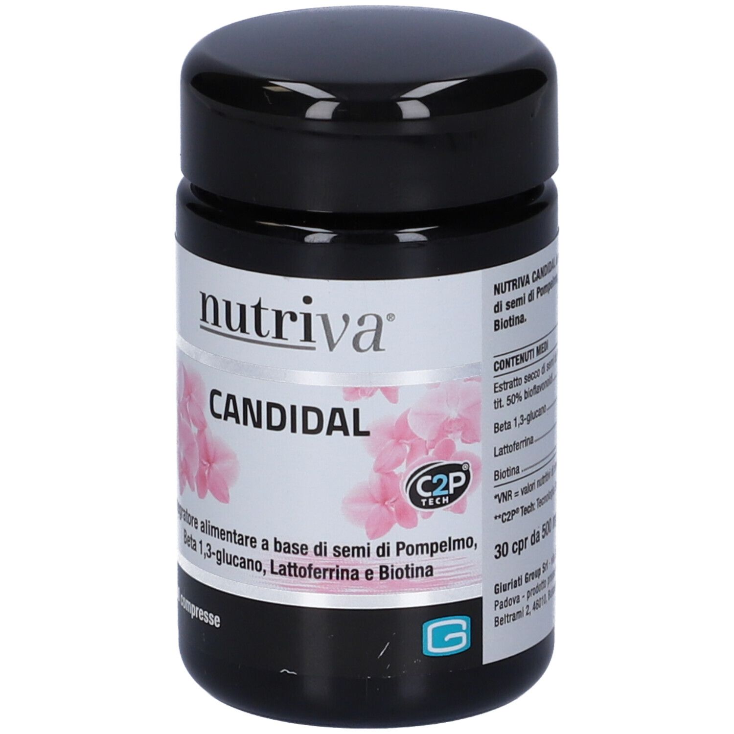 Barattolo nero con etichetta bianca. Scritta: Nutriva Candidal. 30 compresse. Logo C2P Tech.