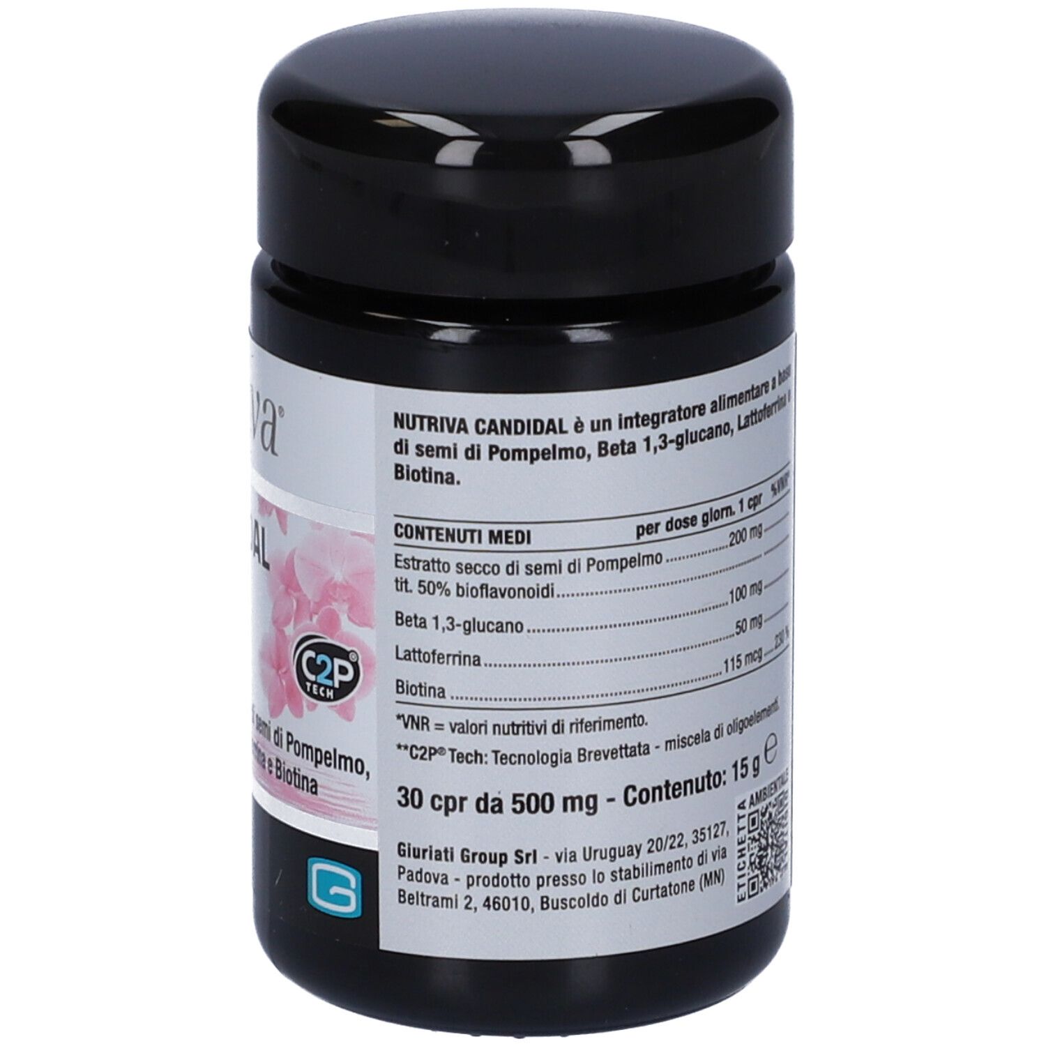 Barattolo nero con etichetta bianca. Informazioni nutrizionali. Contenuto: 15 g. Logo C2P Tech. 30 compresse.