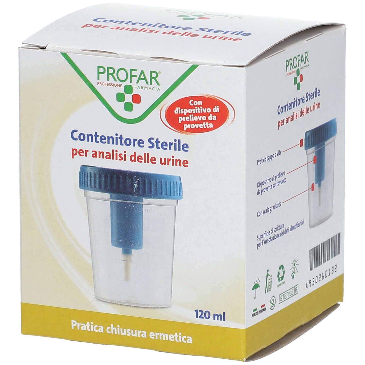 Contenitore sterile per urine in confezione. Tappo blu, bicchiere trasparente, dispositivo interno blu. 120 ml.