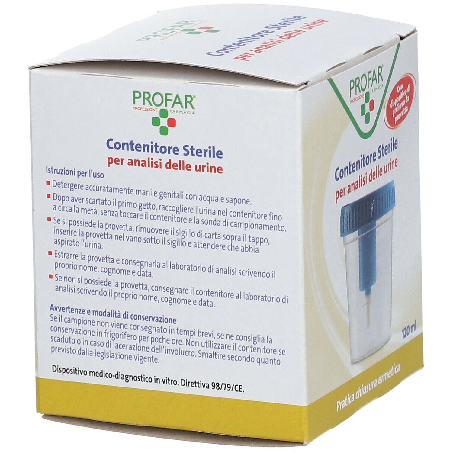 Confezione con istruzioni per il contenitore sterile per urine. Testo in italiano. 120 ml.