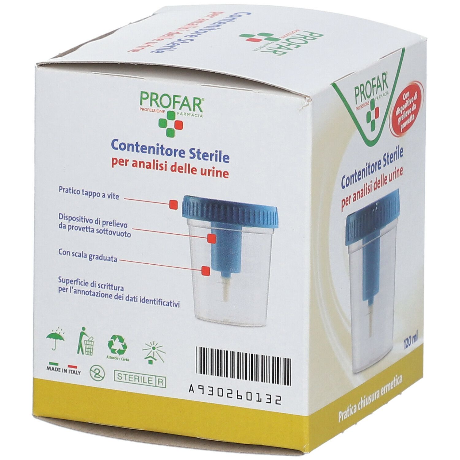 Confezione con contenitore sterile per urine. Tappo blu, bicchiere trasparente, dispositivo interno blu. 120 ml.