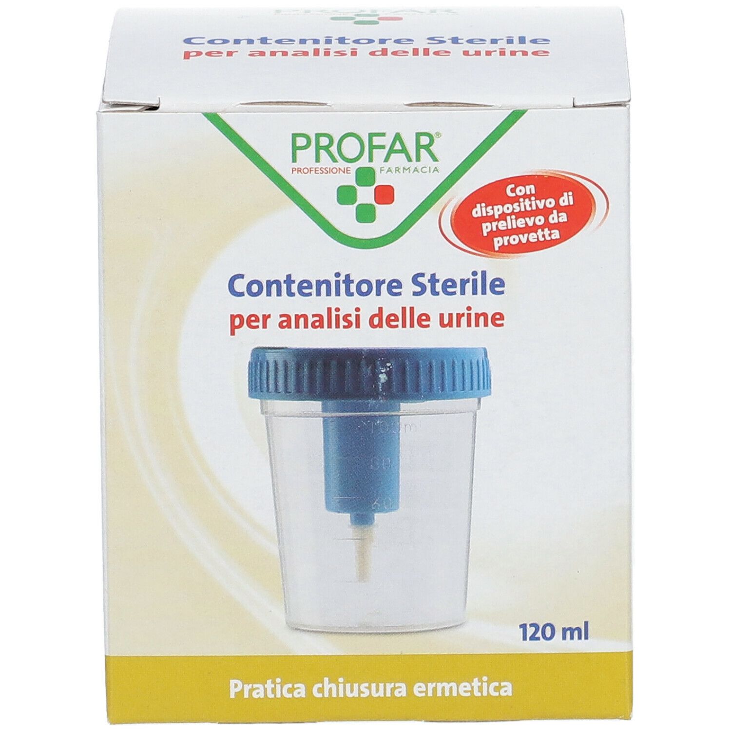Contenitore sterile per urine in confezione. Tappo blu, bicchiere trasparente, dispositivo interno blu. 120 ml.