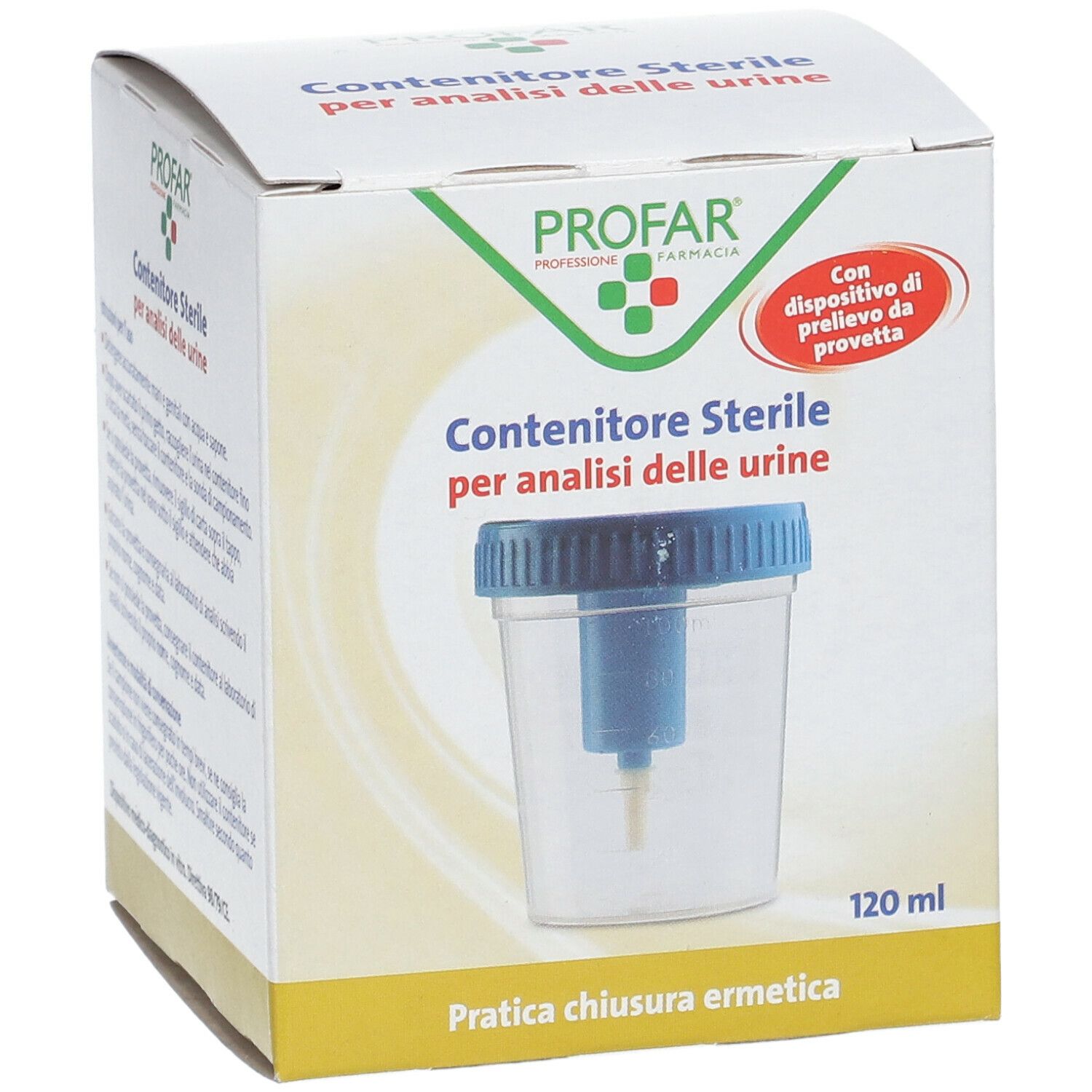 Contenitore sterile per urine in confezione. Tappo blu, bicchiere trasparente, dispositivo interno blu. 120 ml.