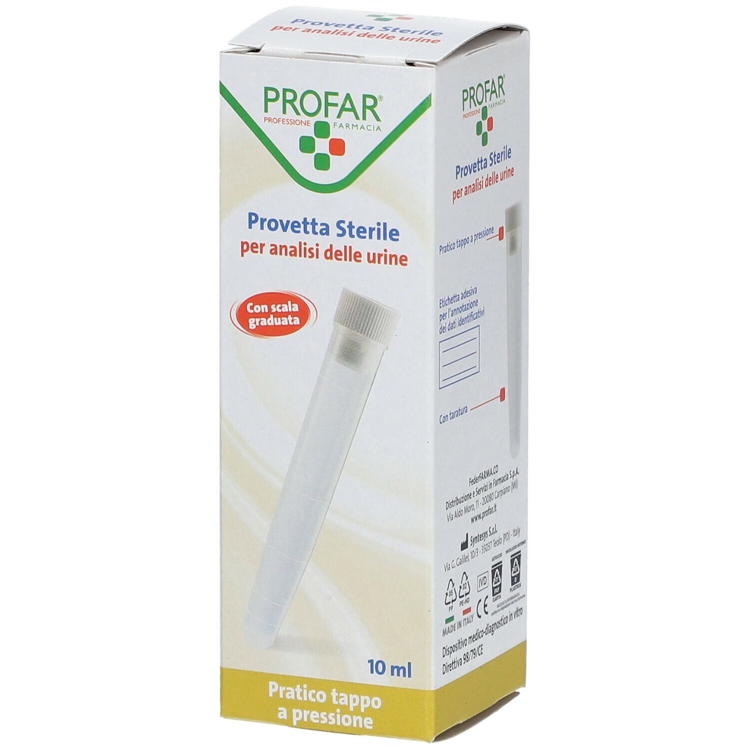 PROFAR Provetta Sterile. Tubo trasparente con tappo bianco in confezione. Scala graduata e indicazione del volume di 10 ml.