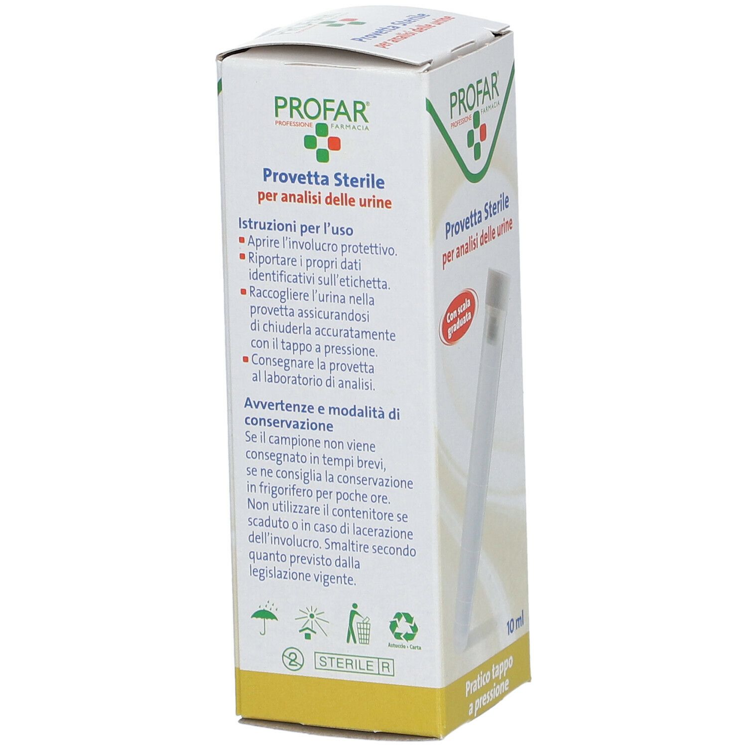 Confezione PROFAR Provetta Sterile. Testo con istruzioni e avvertenze. Indicazione del volume di 10 ml. Simboli di riciclaggio.
