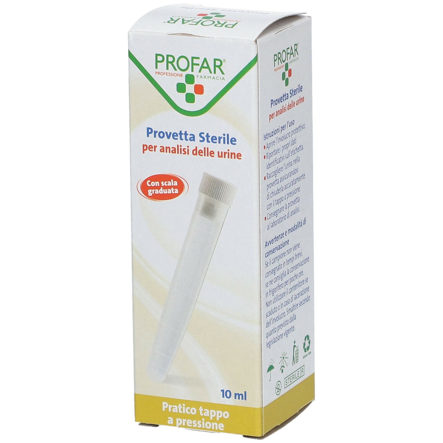 PROFAR Provetta Sterile. Confezione con prodotto e testo. Indicazione del volume di 10 ml. Tubo con tappo bianco.