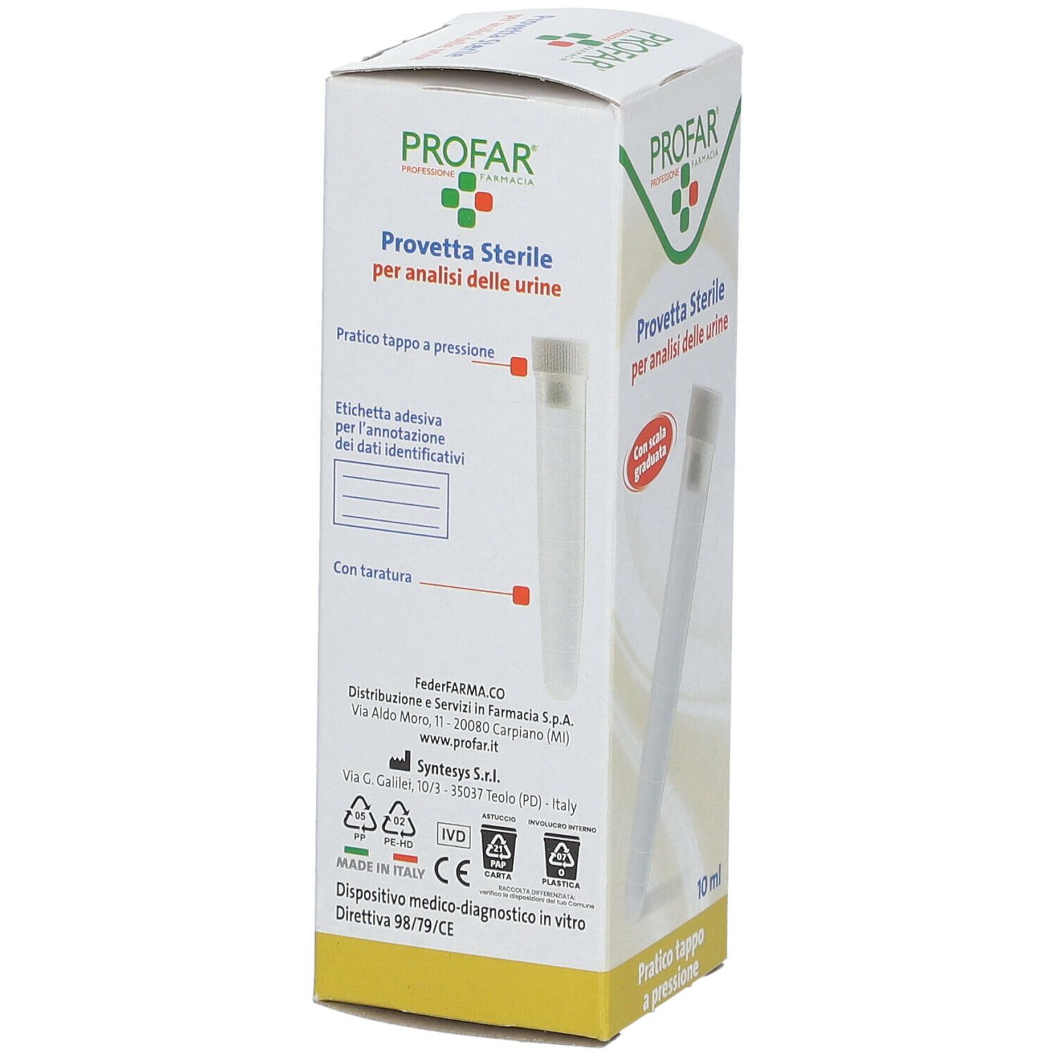 Confezione PROFAR Provetta Sterile. Testo, illustrazione del prodotto. Indicazione del volume di 10 ml. Marchio CE e simbolo IVD.