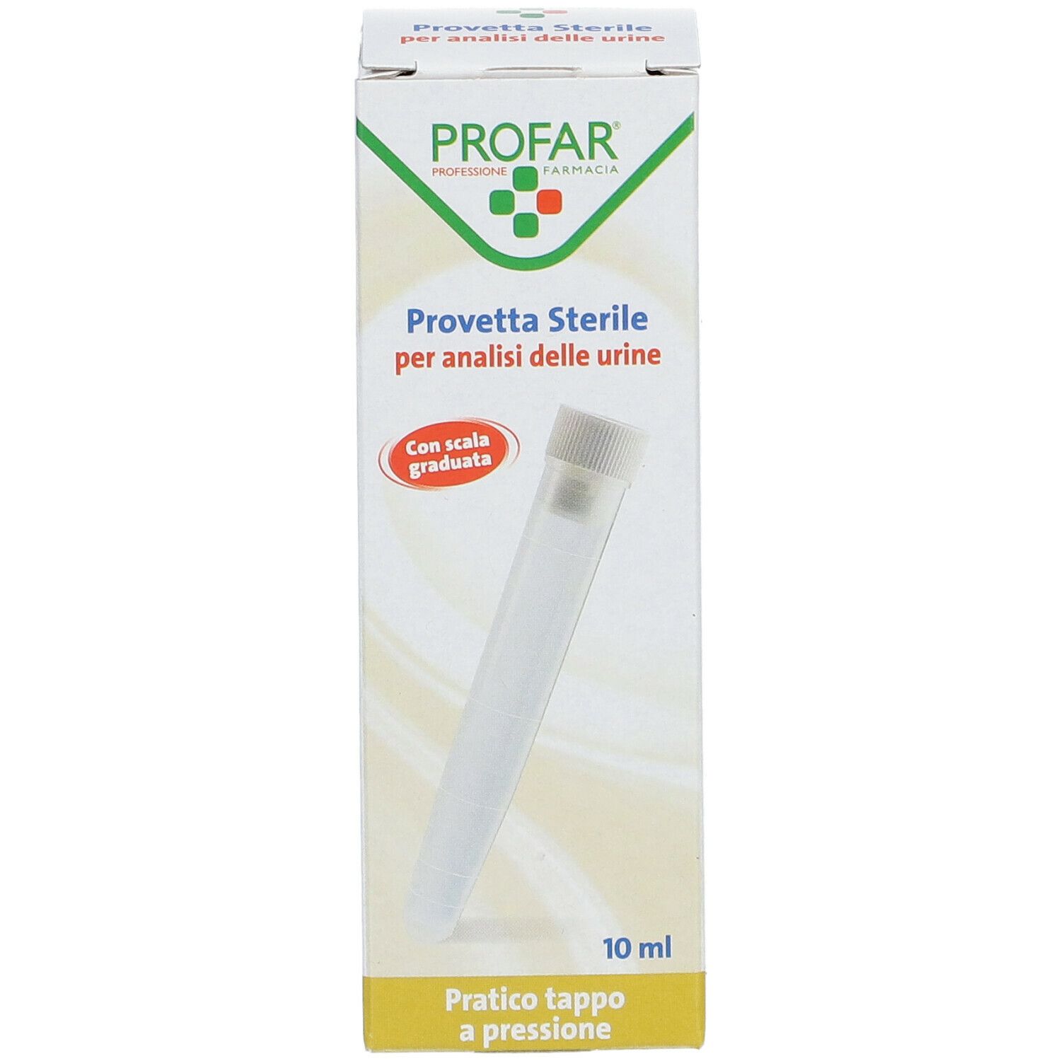 PROFAR Provetta Sterile. Confezione con prodotto e testo. Indicazione del volume di 10 ml. Tubo con tappo bianco.