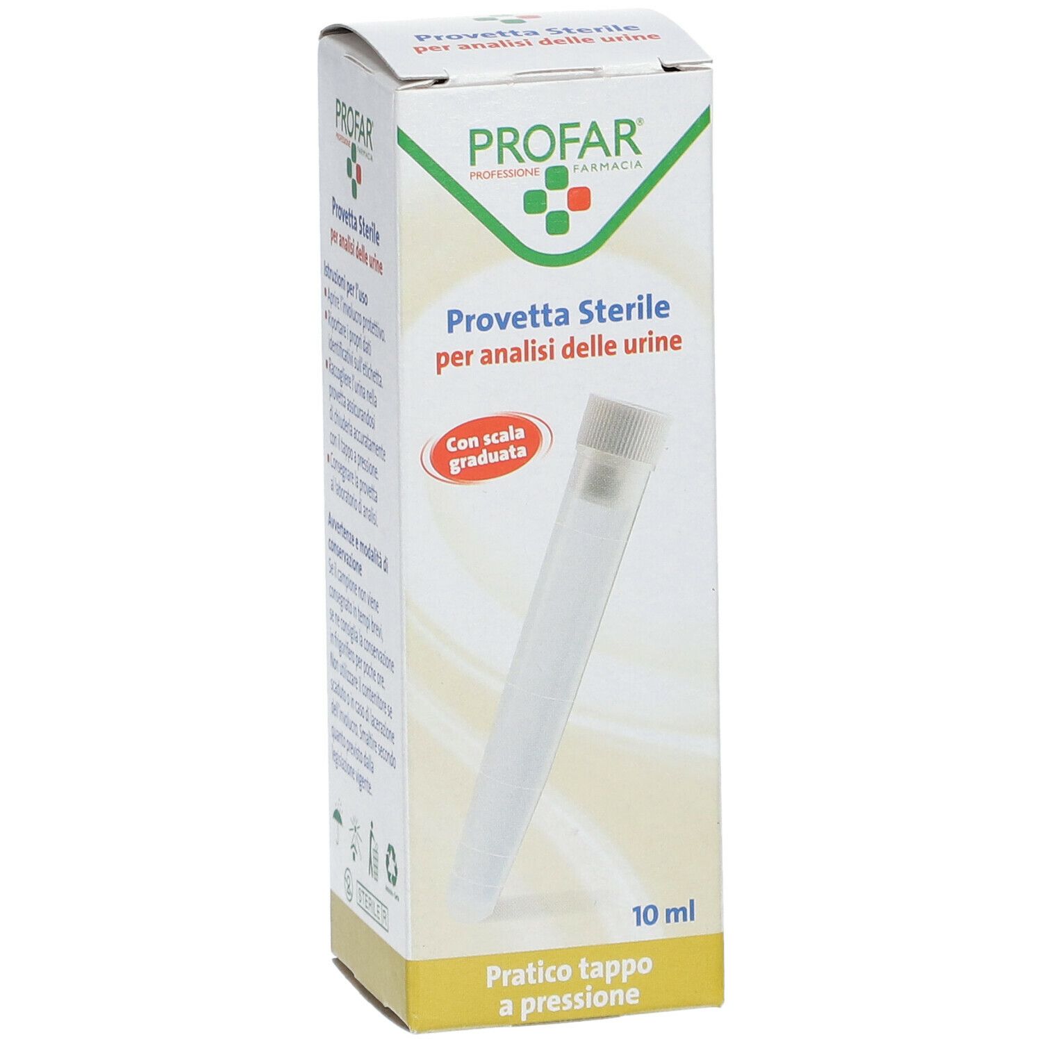 PROFAR Provetta Sterile. Confezione con prodotto e testo. Indicazione del volume di 10 ml. Tubo con tappo bianco.