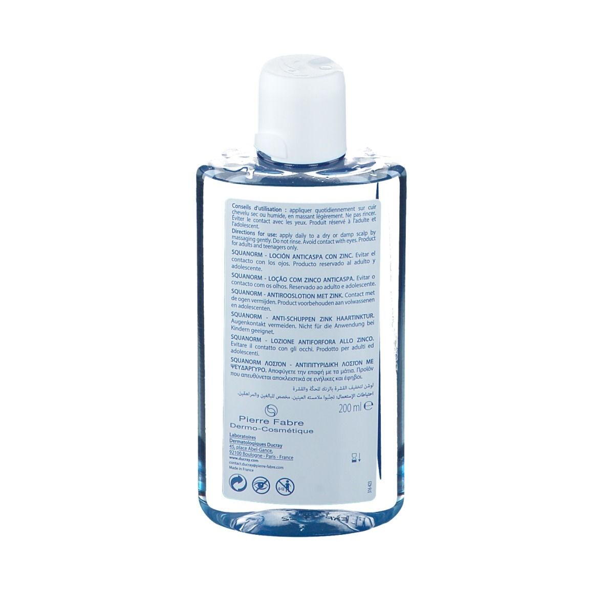 Dos du flacon. Texte multilingue. Fabricant : Pierre Fabre. Volume : 200 ml.