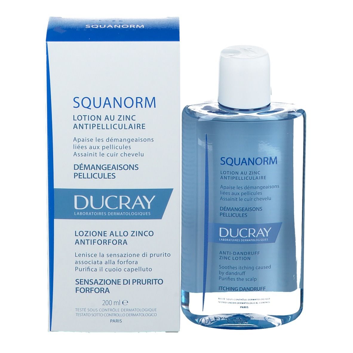Emballage du produit. Inscription : SQUANORM, Lotion au Zinc Antipelliculaire, Ducray. Volume : 200 ml.