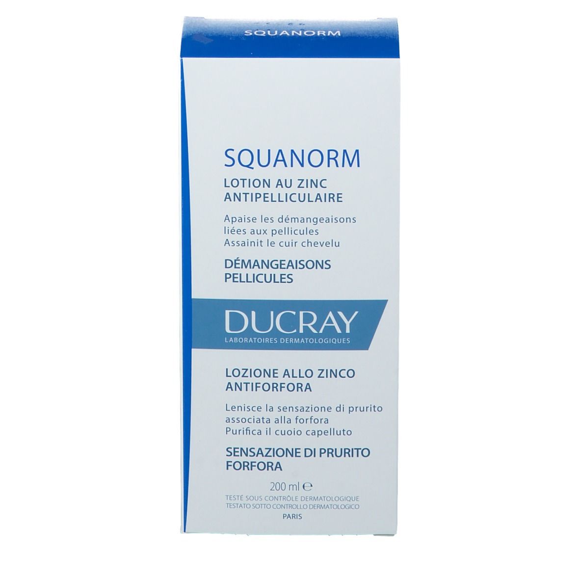 Emballage du produit. Inscription : SQUANORM, Lotion au Zinc Antipelliculaire, Ducray. Volume : 200 ml.
