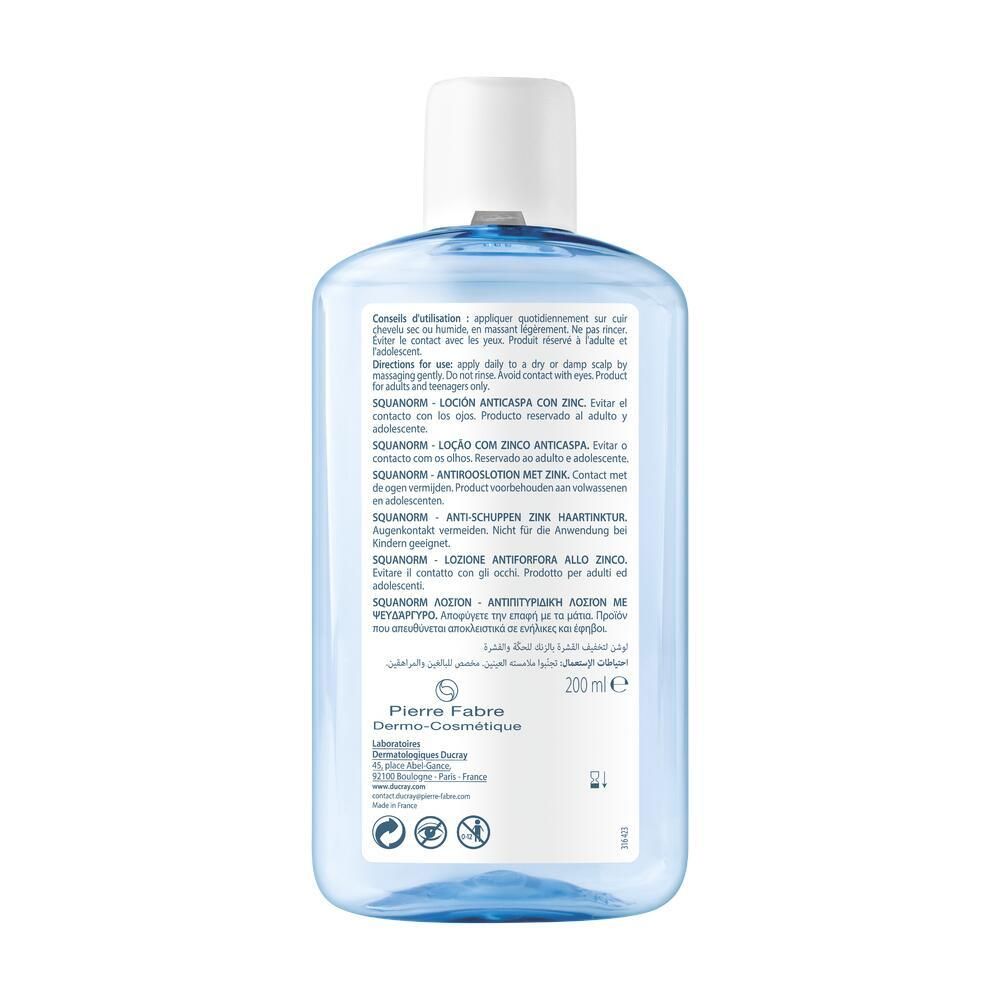 Dos du flacon. Texte multilingue. Fabricant : Pierre Fabre. Volume : 200 ml.