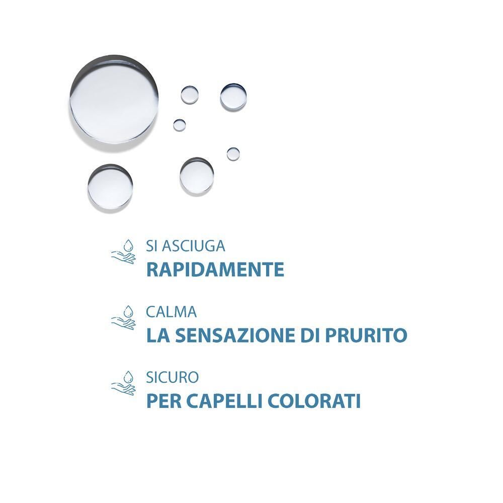 Représentation graphique de gouttes d'eau. Texte : Si asciuga rapidamente, Calma la sensazione di prurito, Sicuro per capelli colorati.