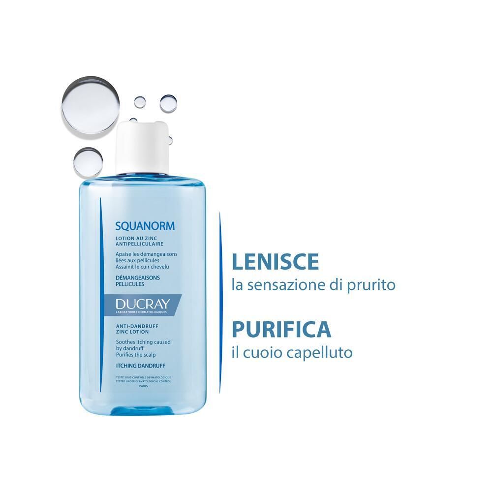 Flacon bleu transparent avec bouchon blanc. Texte : SQUANORM, Ducray. Texte : Lenisce la sensazione di prurito, Purifica il cuoio capelluto.