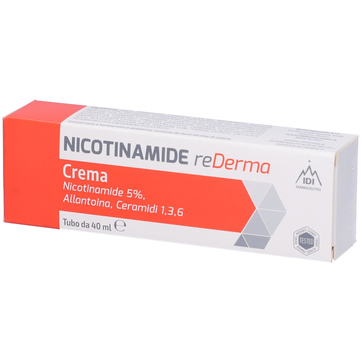 Confezione di NICOTINAMIDE reDerma Crema. Scatola rossa e bianca con informazioni sul prodotto. Contiene 40 ml.