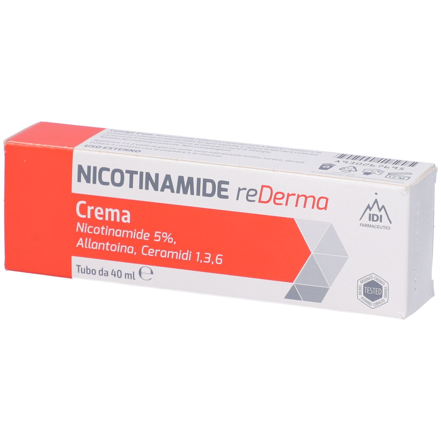 Confezione di NICOTINAMIDE reDerma Crema. Scatola rossa e bianca con informazioni sul prodotto. Contiene 40 ml.