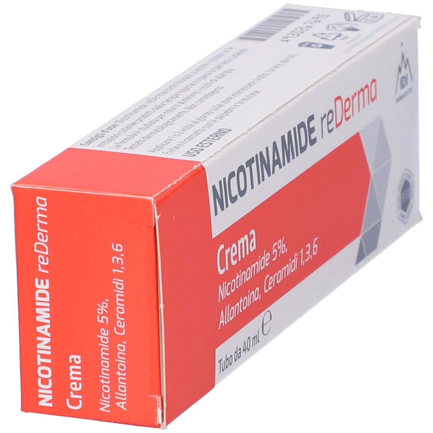 Scatola di NICOTINAMIDE reDerma Crema. Confezione rossa e bianca con informazioni sul prodotto. Contiene 40 ml.