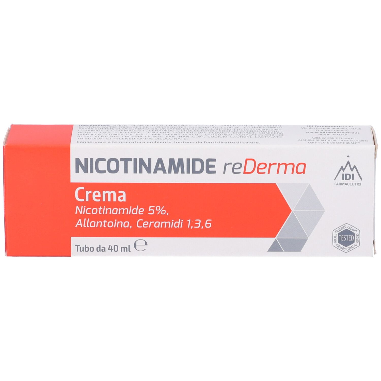 Confezione di NICOTINAMIDE reDerma Crema. Scatola rossa e bianca con informazioni sul prodotto. Contiene 40 ml.