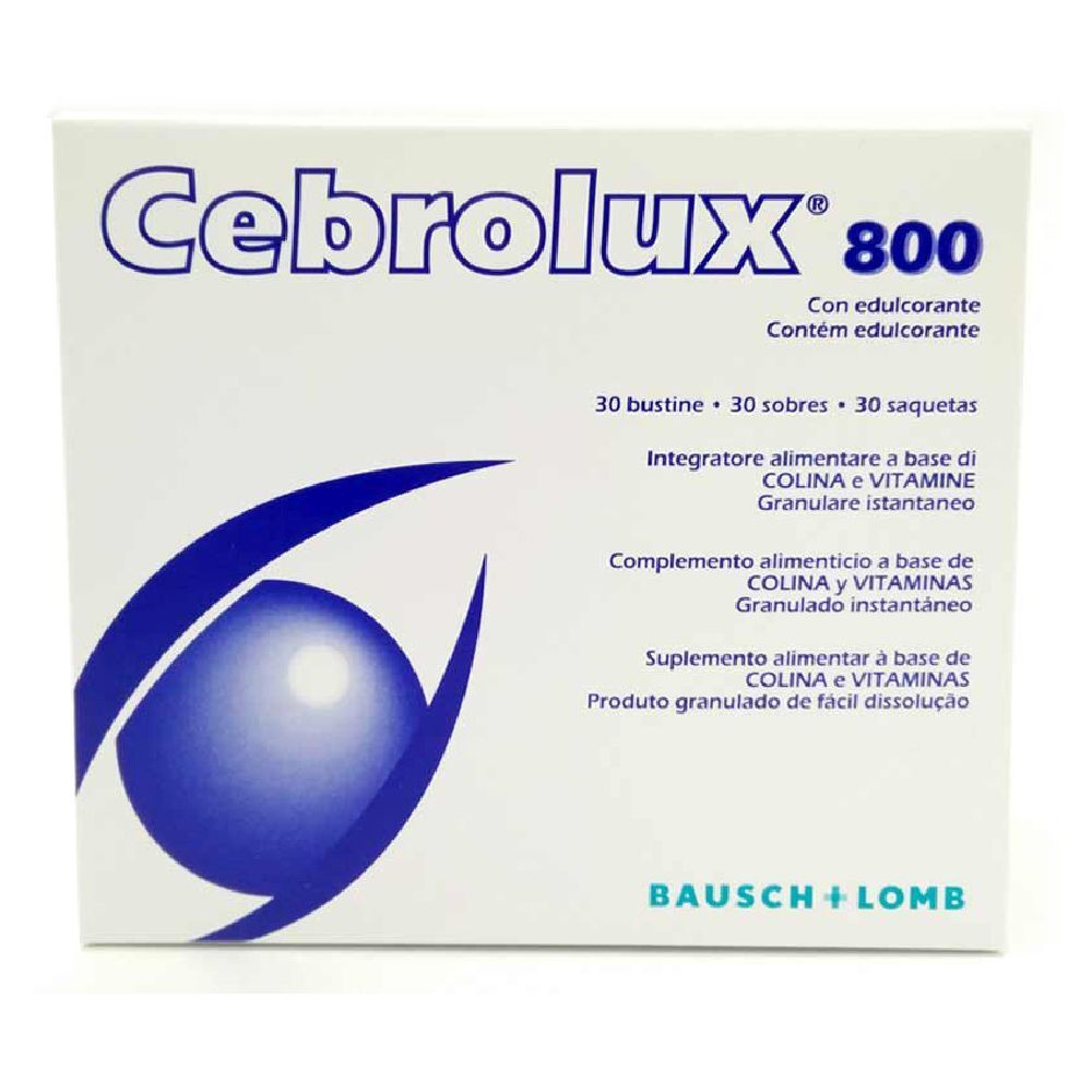 Schachtel mit "Cebrolux 800". Blaue Grafik, 30 Beutel. Marke Bausch + Lomb.