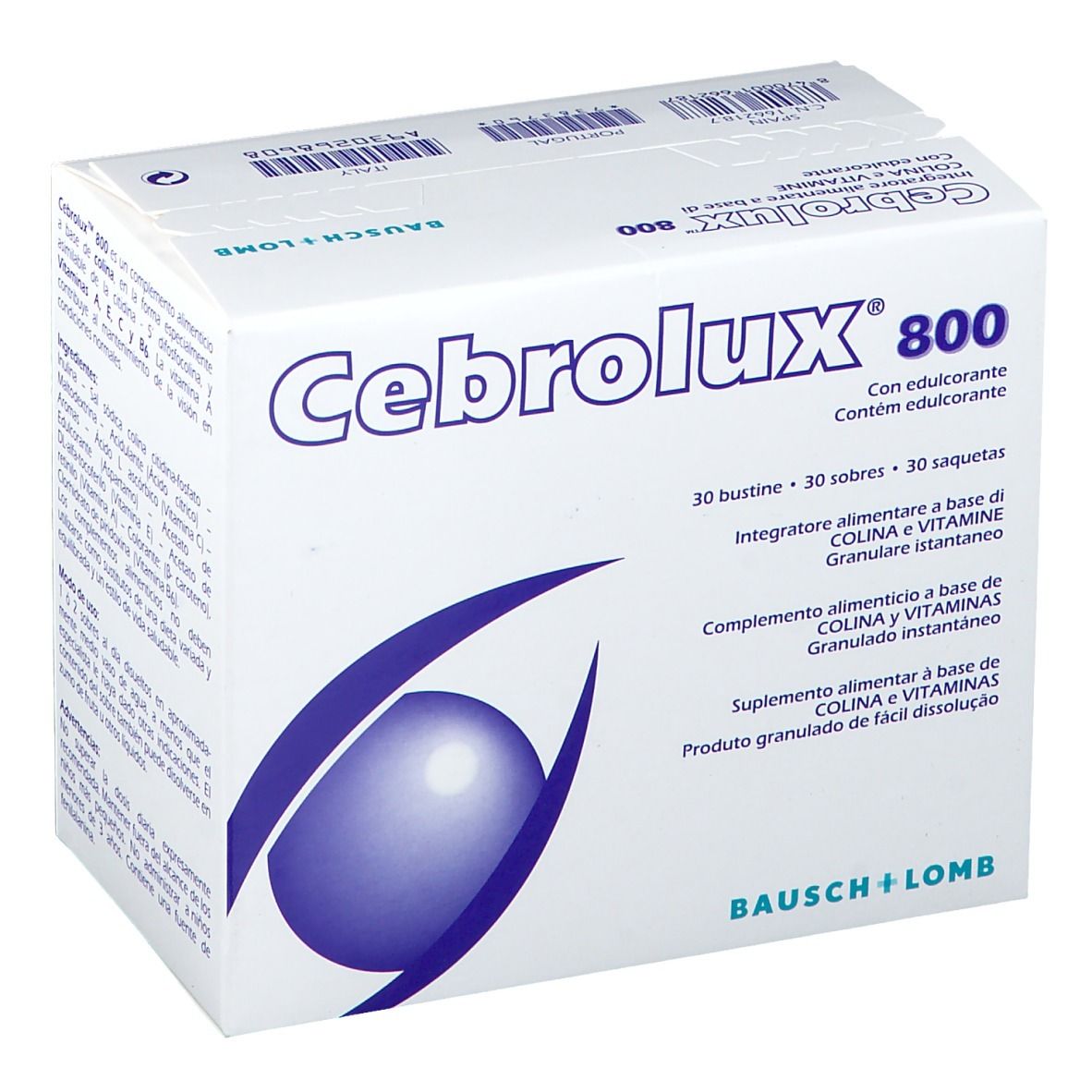 Schachtel "Cebrolux 800". Blaue Grafik, 30 Beutel. Marke Bausch + Lomb.