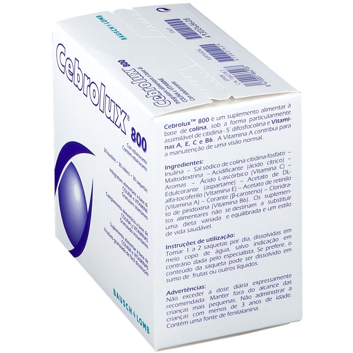 Schachtel "Cebrolux 800". Text, Inhaltsstoffe, 30 Beutel. Marke Bausch + Lomb.