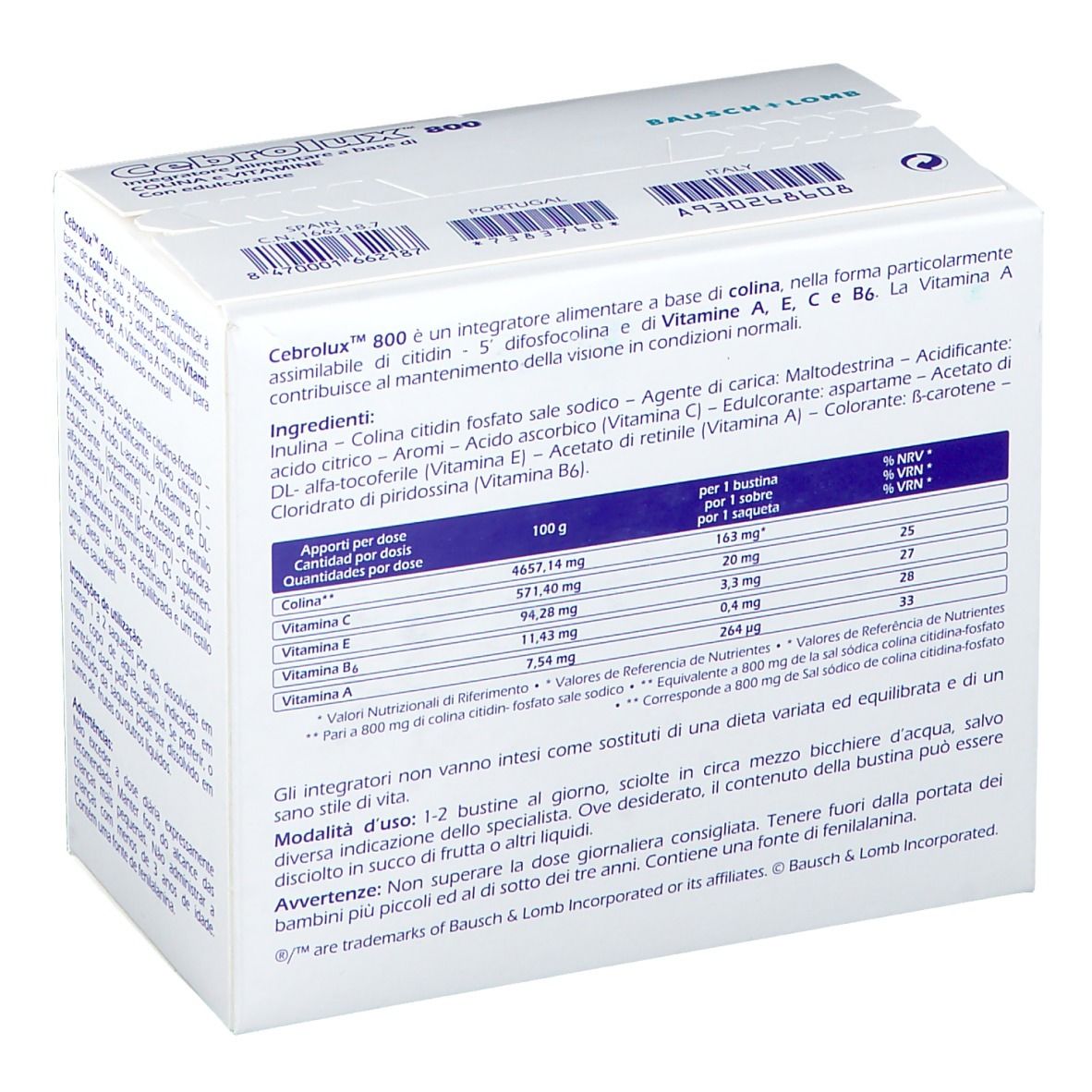 Schachtel "Cebrolux 800". Inhaltsstoffe, Nährwertangaben. Marke Bausch + Lomb.