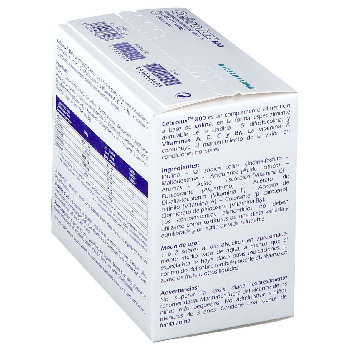 Schachtel "Cebrolux 800". Text, Inhaltsstoffe, 30 Beutel. Marke Bausch + Lomb.