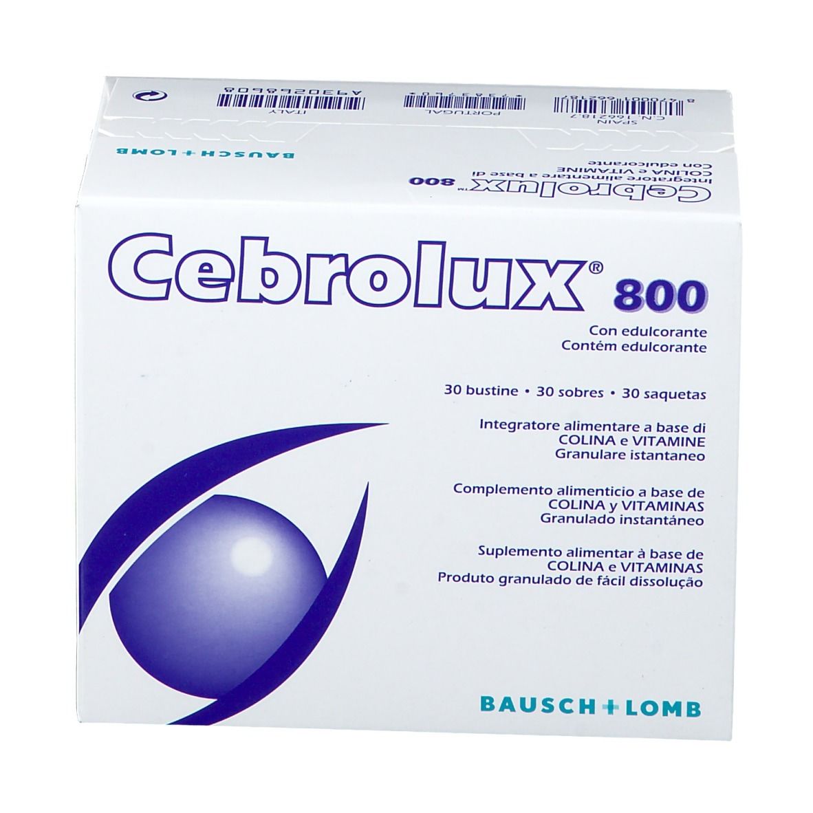 Schachtel "Cebrolux 800". Blaue Grafik, 30 Beutel. Marke Bausch + Lomb.