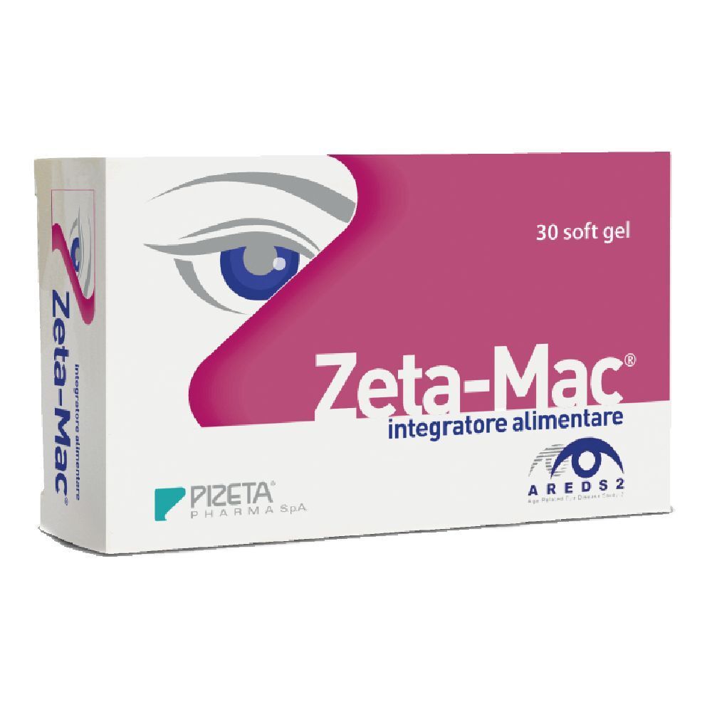 Scatola di Zeta-Mac, 30 soft gel. Design rosa e bianco con un occhio. Testo: 'integratore alimentare'.