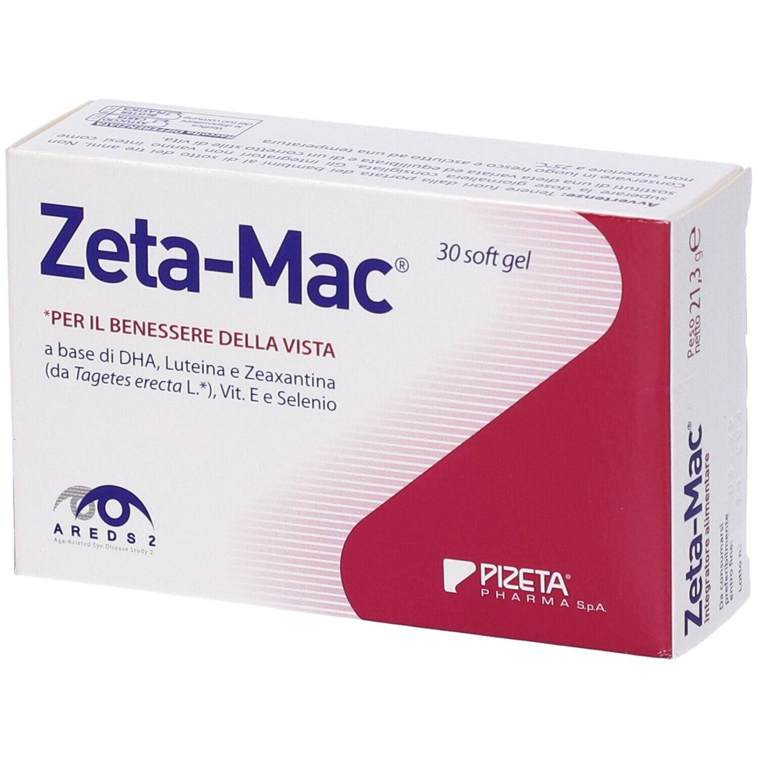 Scatola Zeta-Mac, 30 soft gel. Testo: 'PER IL BENESSERE DELLA VISTA'. Contiene DHA, luteina, zeaxantina, Vit. E e Selenio.