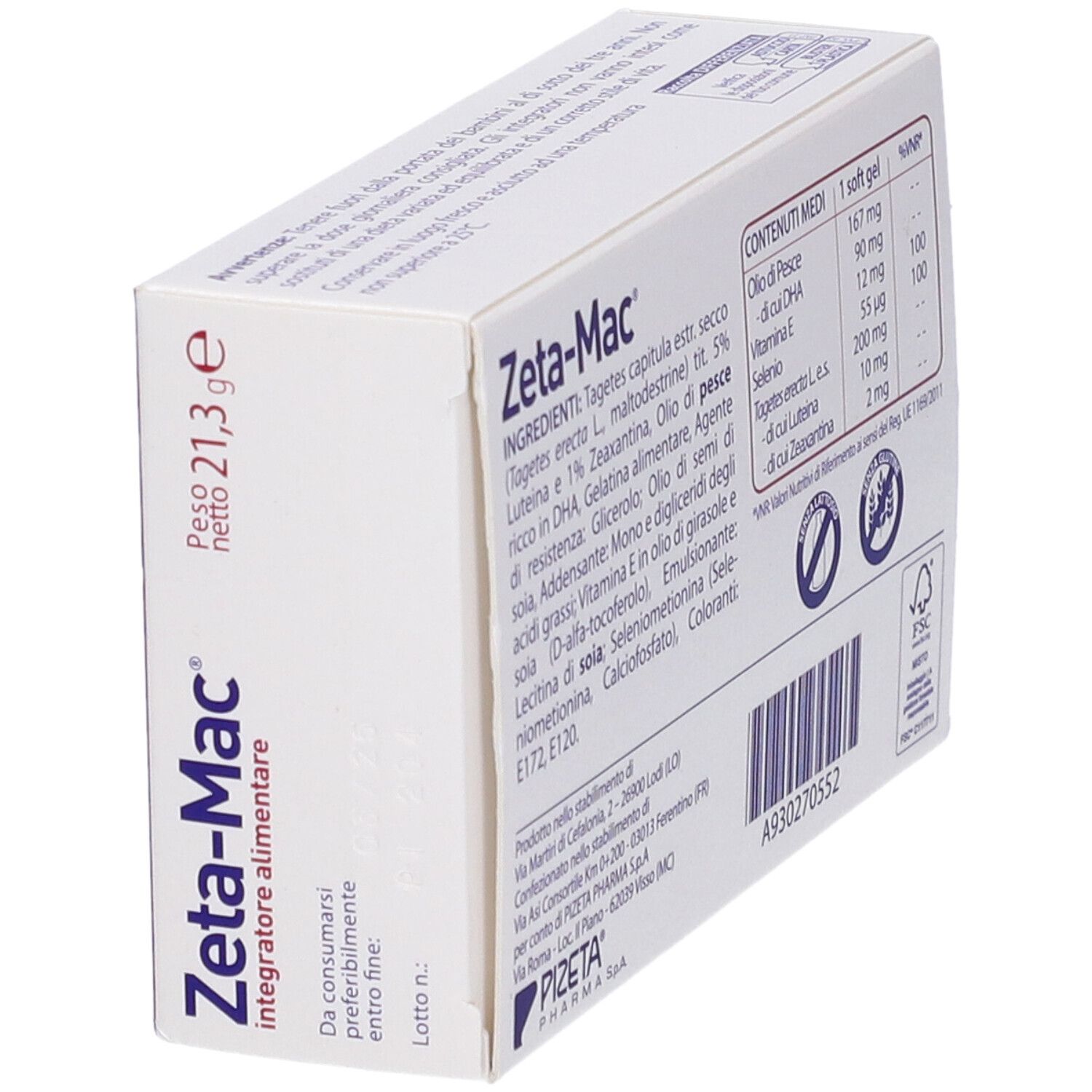 Scatola Zeta-Mac, 30 soft gel. Retro con ingredienti e informazioni nutrizionali. Testo: 'integratore alimentare'.