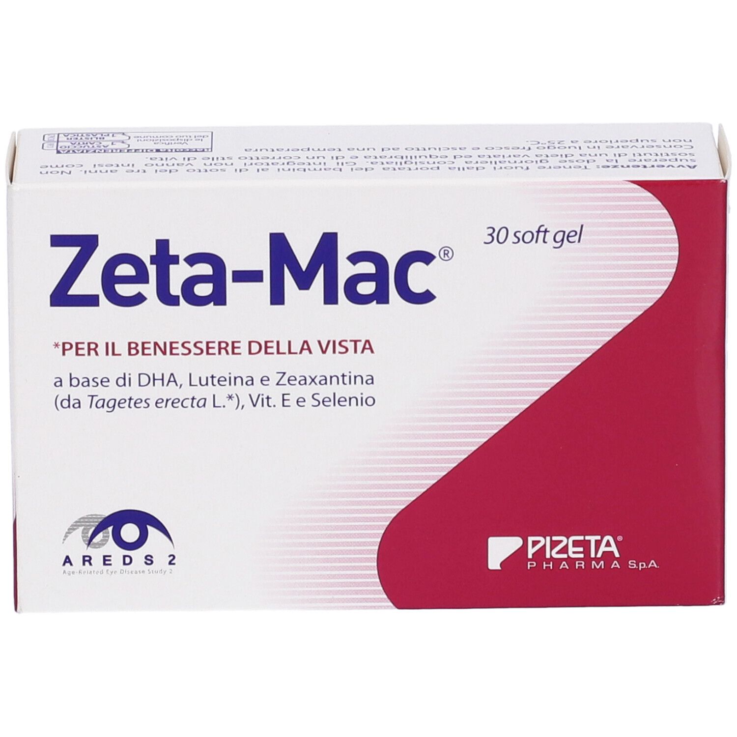Scatola Zeta-Mac, 30 soft gel. Testo: 'PER IL BENESSERE DELLA VISTA'. Contiene DHA, luteina, zeaxantina, Vit. E e Selenio.