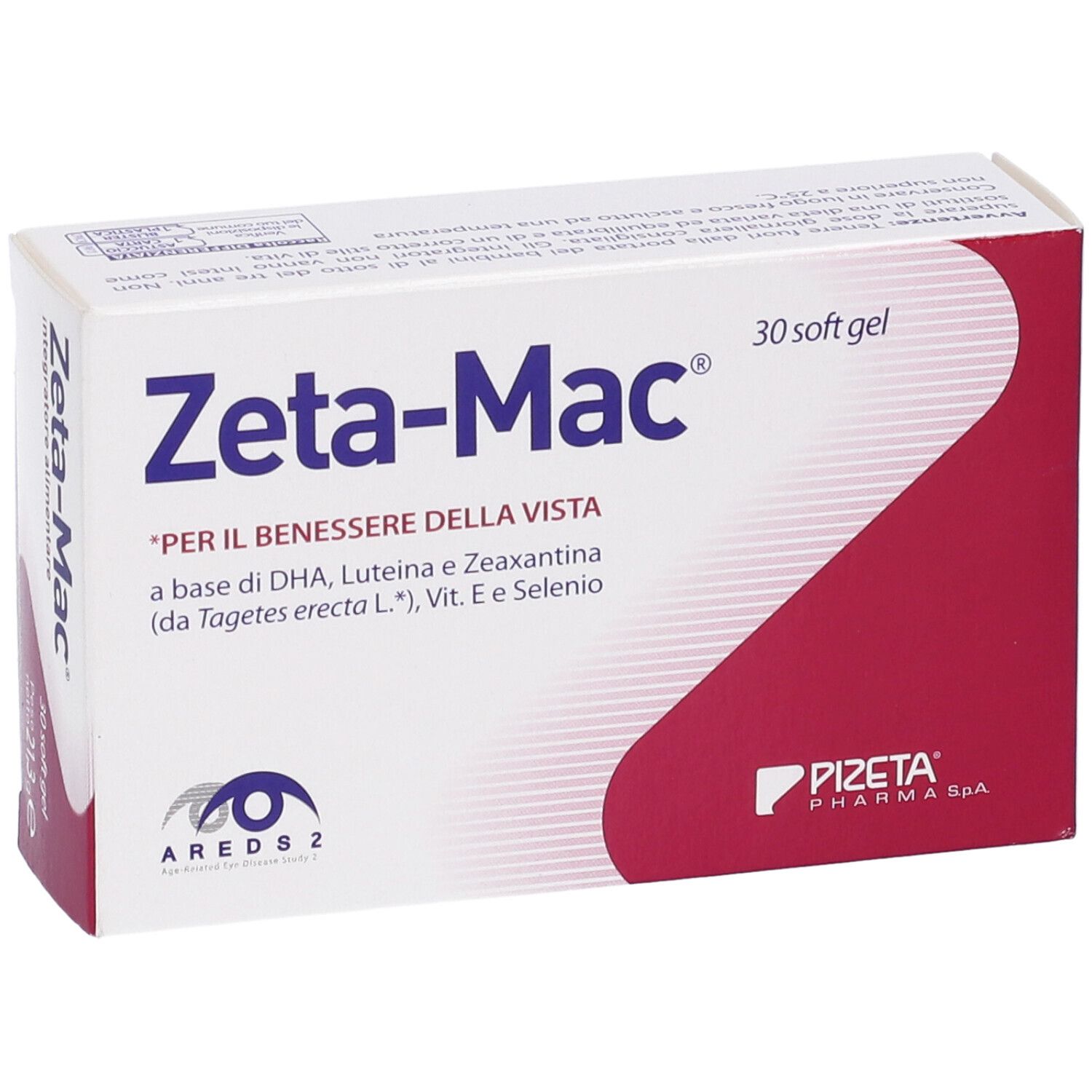 Scatola Zeta-Mac, 30 soft gel. Testo: 'PER IL BENESSERE DELLA VISTA'. Contiene DHA, luteina, zeaxantina, Vit. E e Selenio.