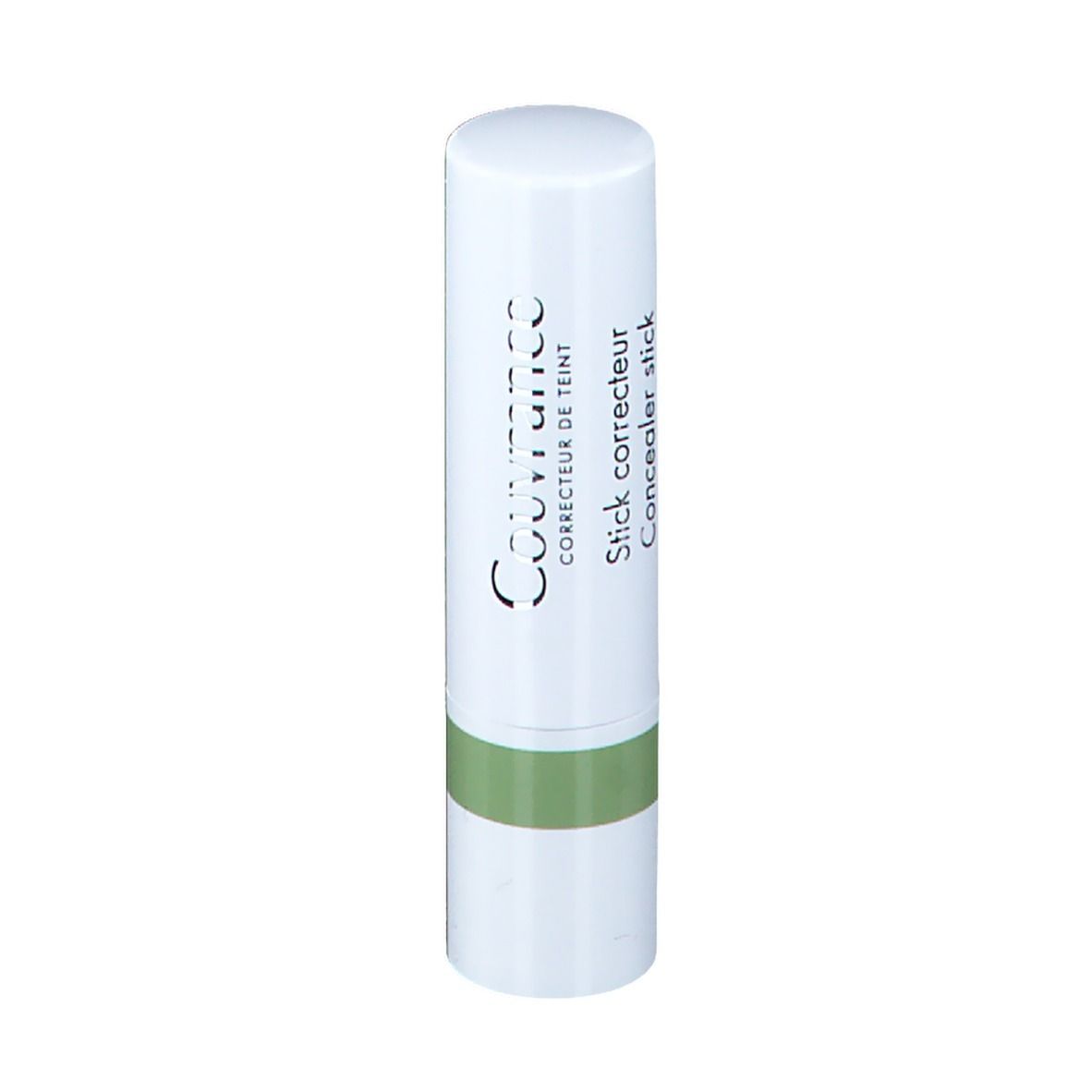 Weißer Korrekturstift mit grünem Streifen. Aufschrift: Couvrance, Stick correcteur.