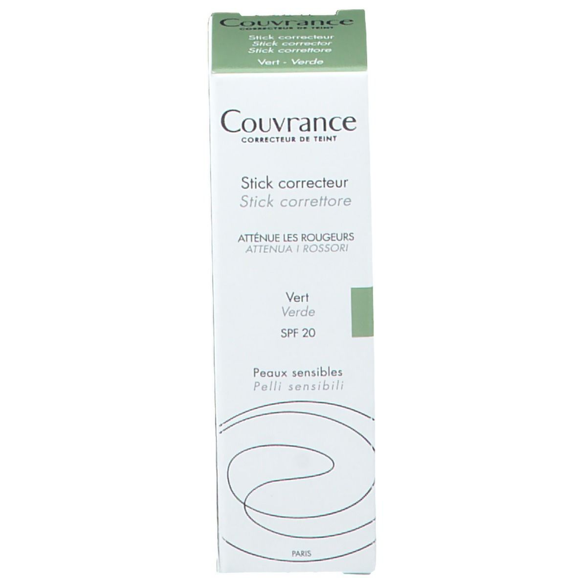 Weißer Korrekturstift mit grünem Streifen. Aufschrift: Couvrance, Stick correcteur.