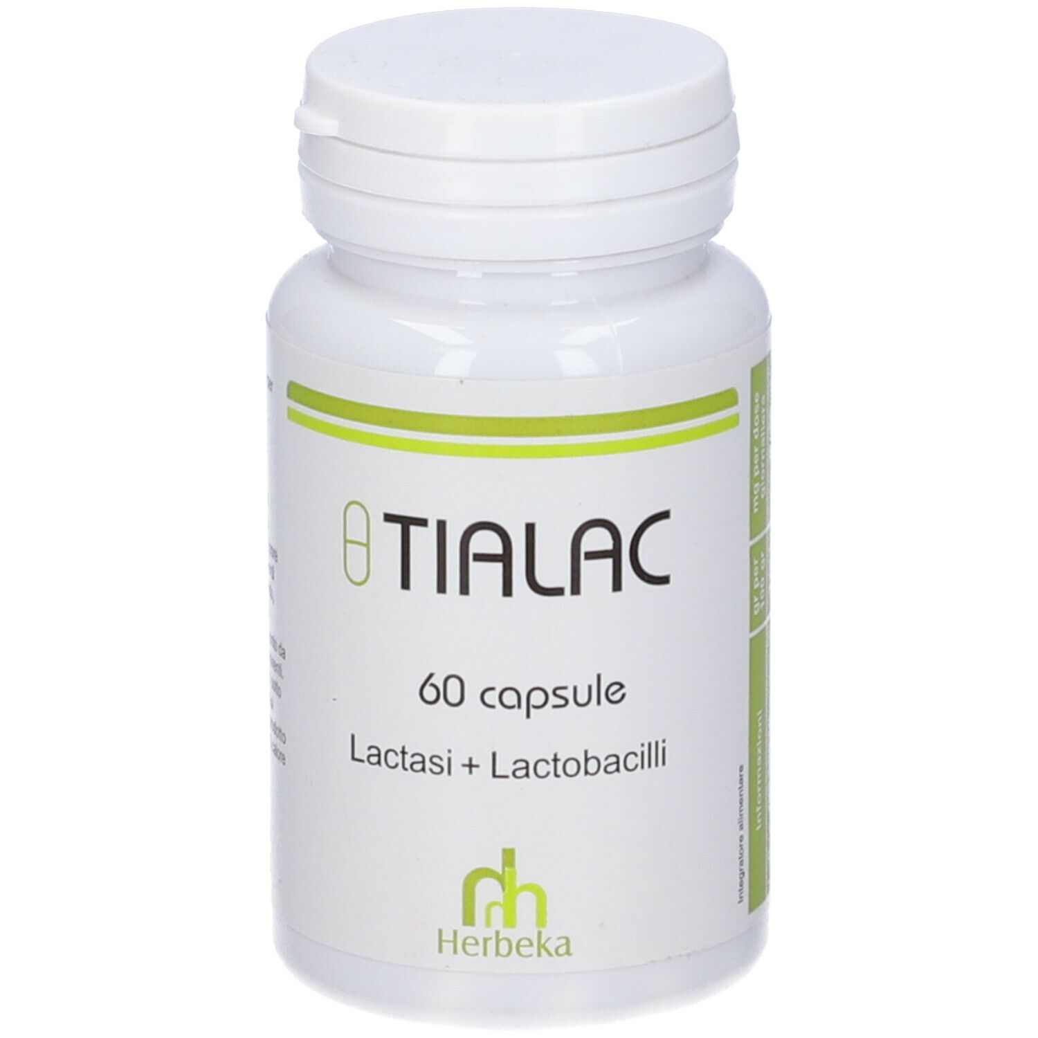 Flacone bianco con etichetta verde. Scritta: TIALAC, 60 capsule, Lactasi + Lactobacilli. Marchio: Herbeka.