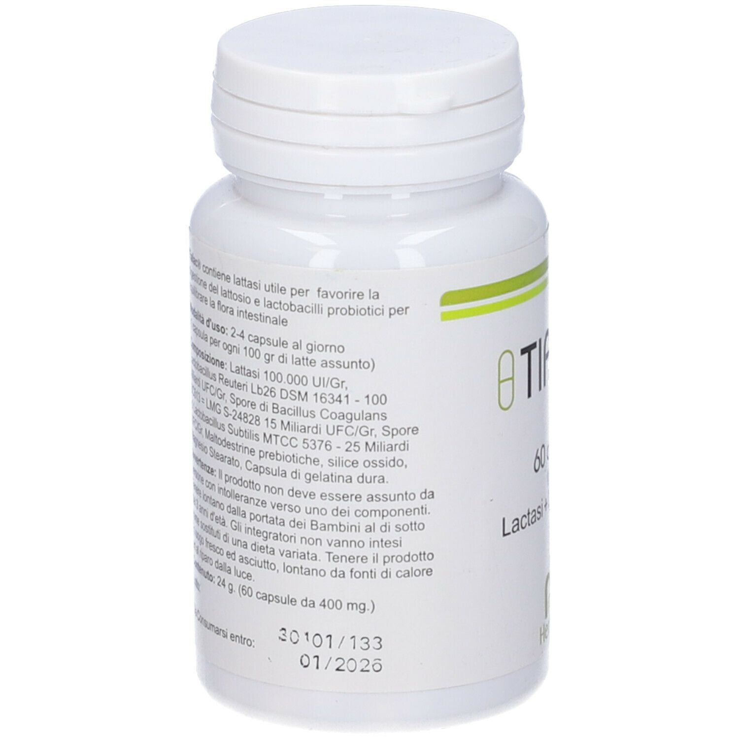 Flacone bianco con testo su etichetta verde. Contiene informazioni sugli ingredienti e il dosaggio. Scadenza: 01/2026.