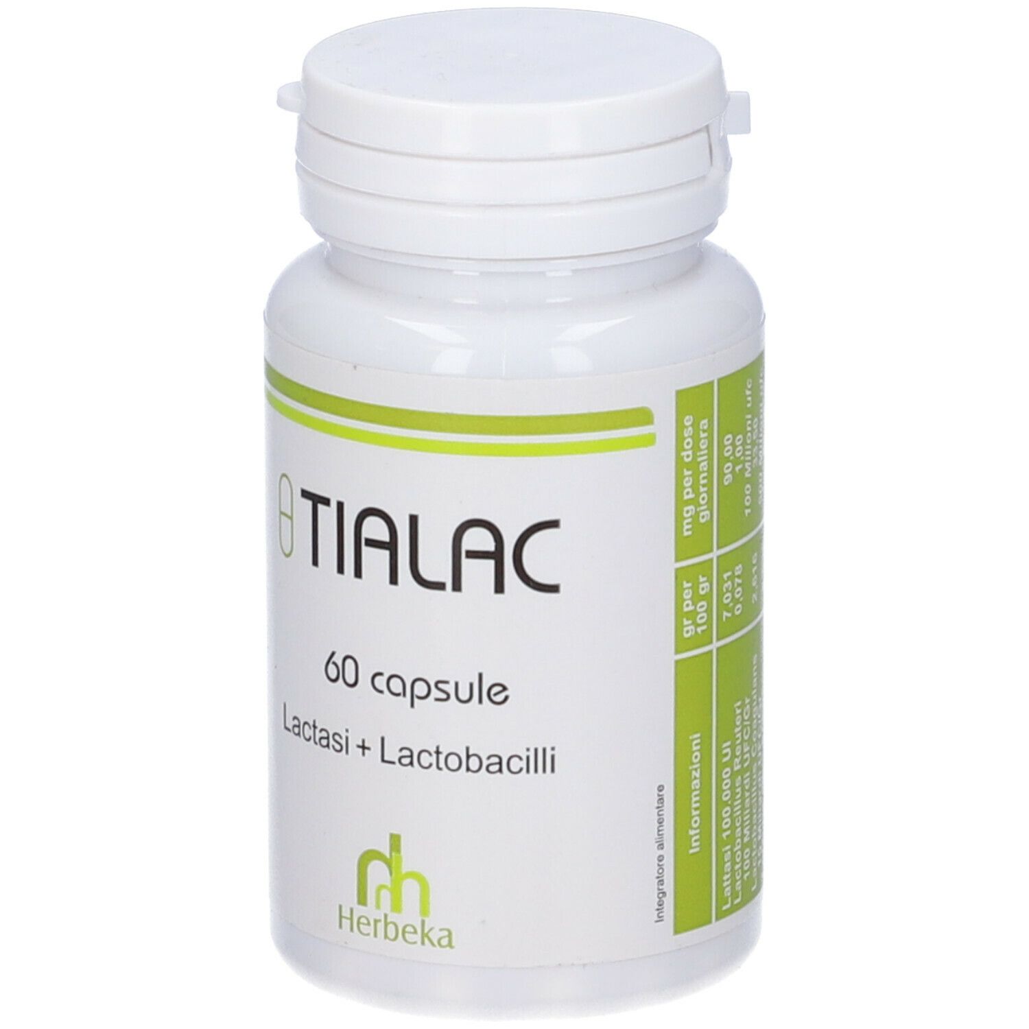 Flacone bianco con etichetta verde. Scritta: TIALAC, 60 capsule, Lactasi + Lactobacilli. Marchio: Herbeka. Vista dettagliata.
