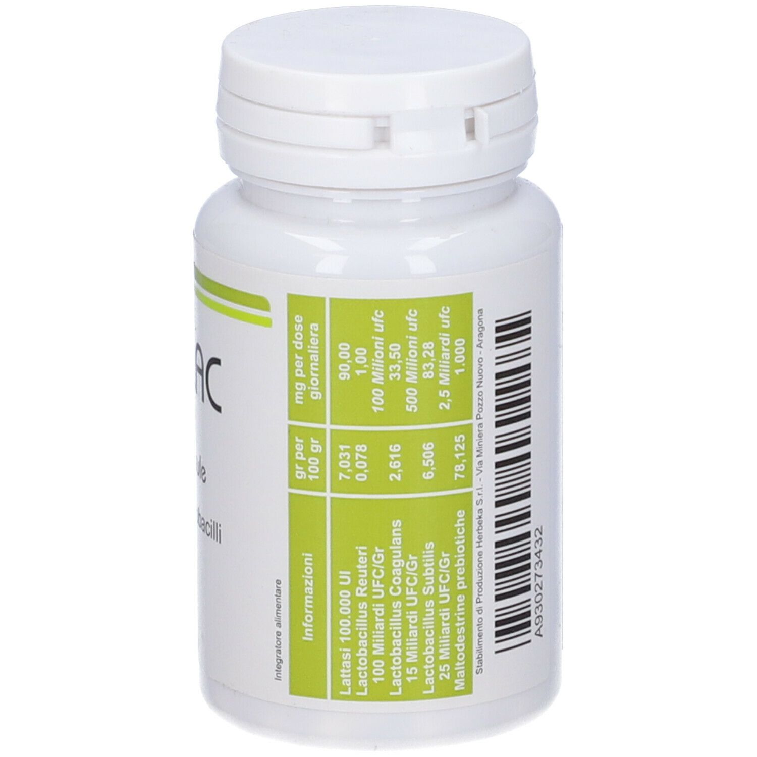 Flacone bianco con etichetta verde. Contiene informazioni sugli ingredienti e i valori nutrizionali. Numero di lotto stampato.