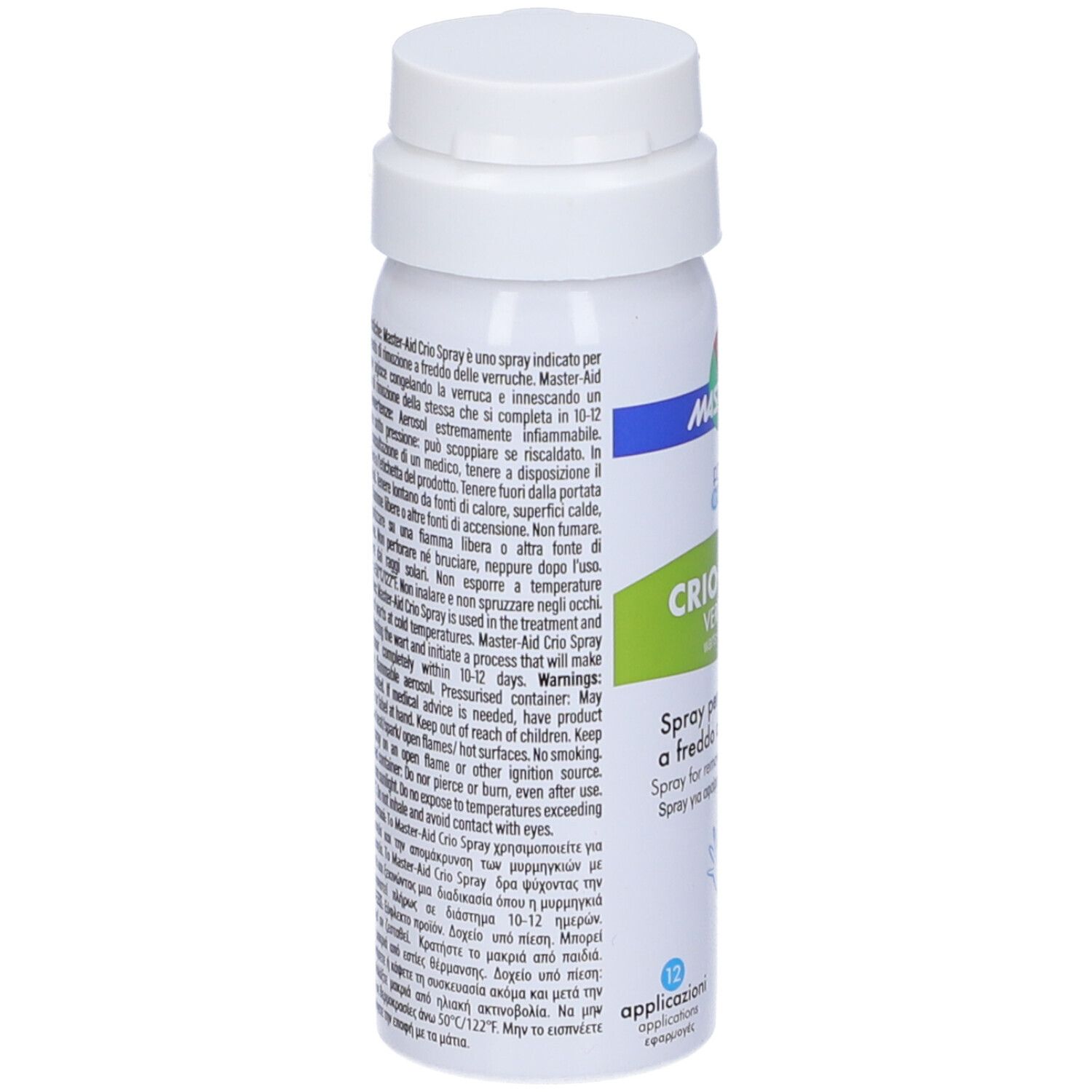 Flacone spray bianco Crio-Spray. Retro con testo e avvertenze.
