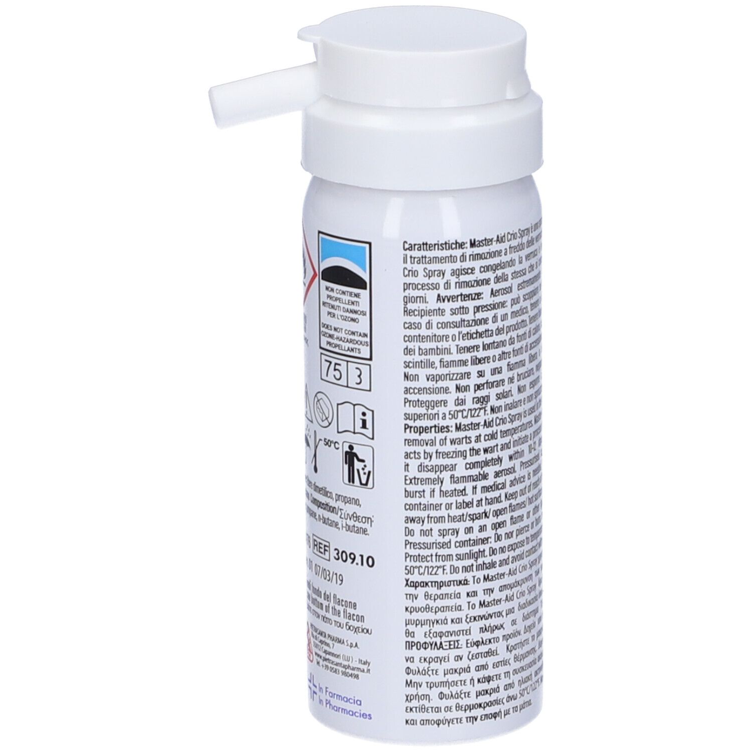 Flacone spray bianco Crio-Spray. Dettaglio con simboli di avvertenza e marchio CE.
